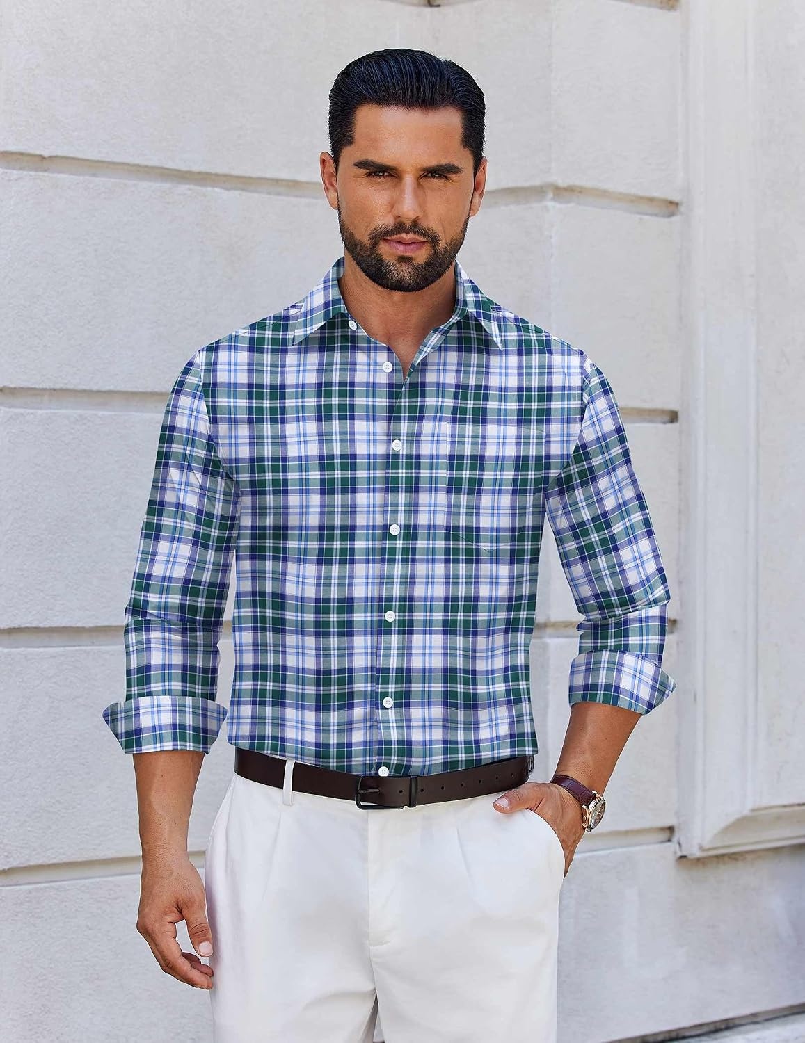 image:imageCOOFANDY Mens Wrinkle Free Plaid Dress Shirt Long Sleeve Button Down Shirt01blue Green Plaid