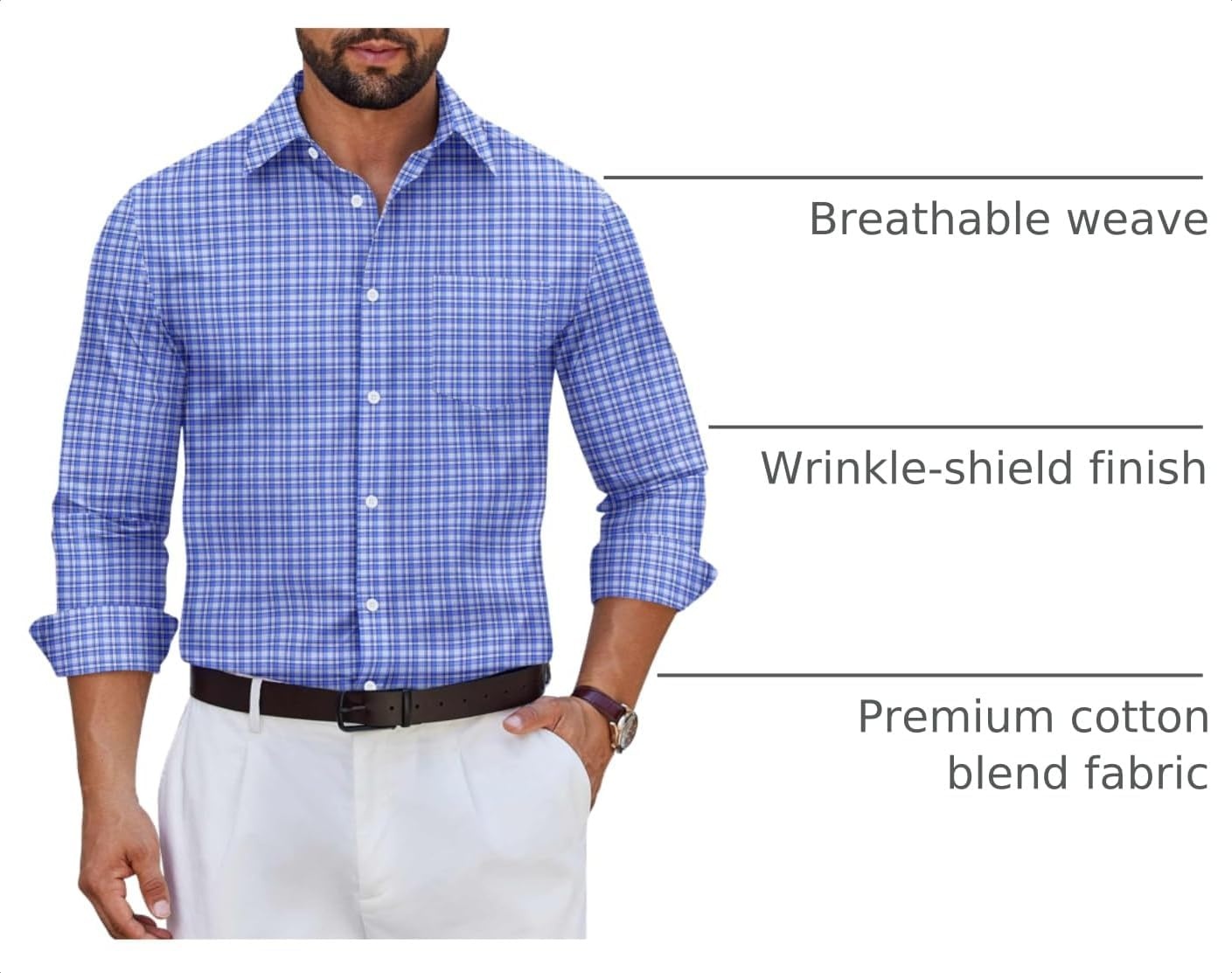 image:imageCOOFANDY Mens Wrinkle Free Plaid Dress Shirt Long Sleeve Button Down Shirt01blue White Plaid