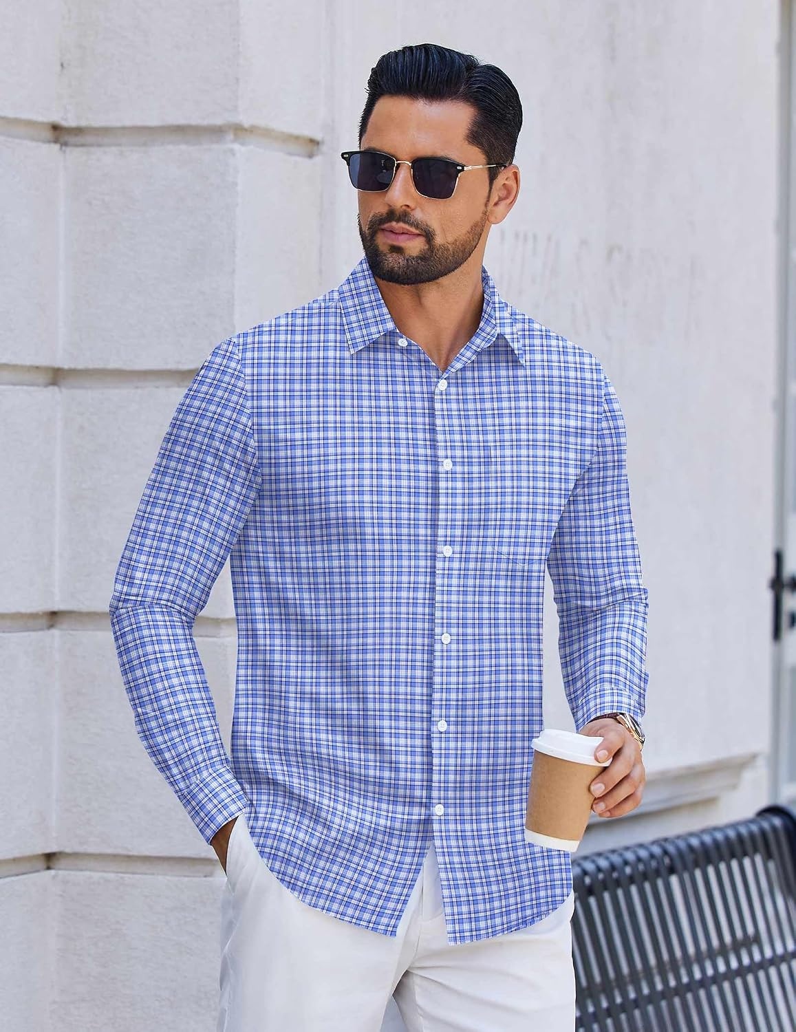 image:imageCOOFANDY Mens Wrinkle Free Plaid Dress Shirt Long Sleeve Button Down Shirt01blue White Plaid