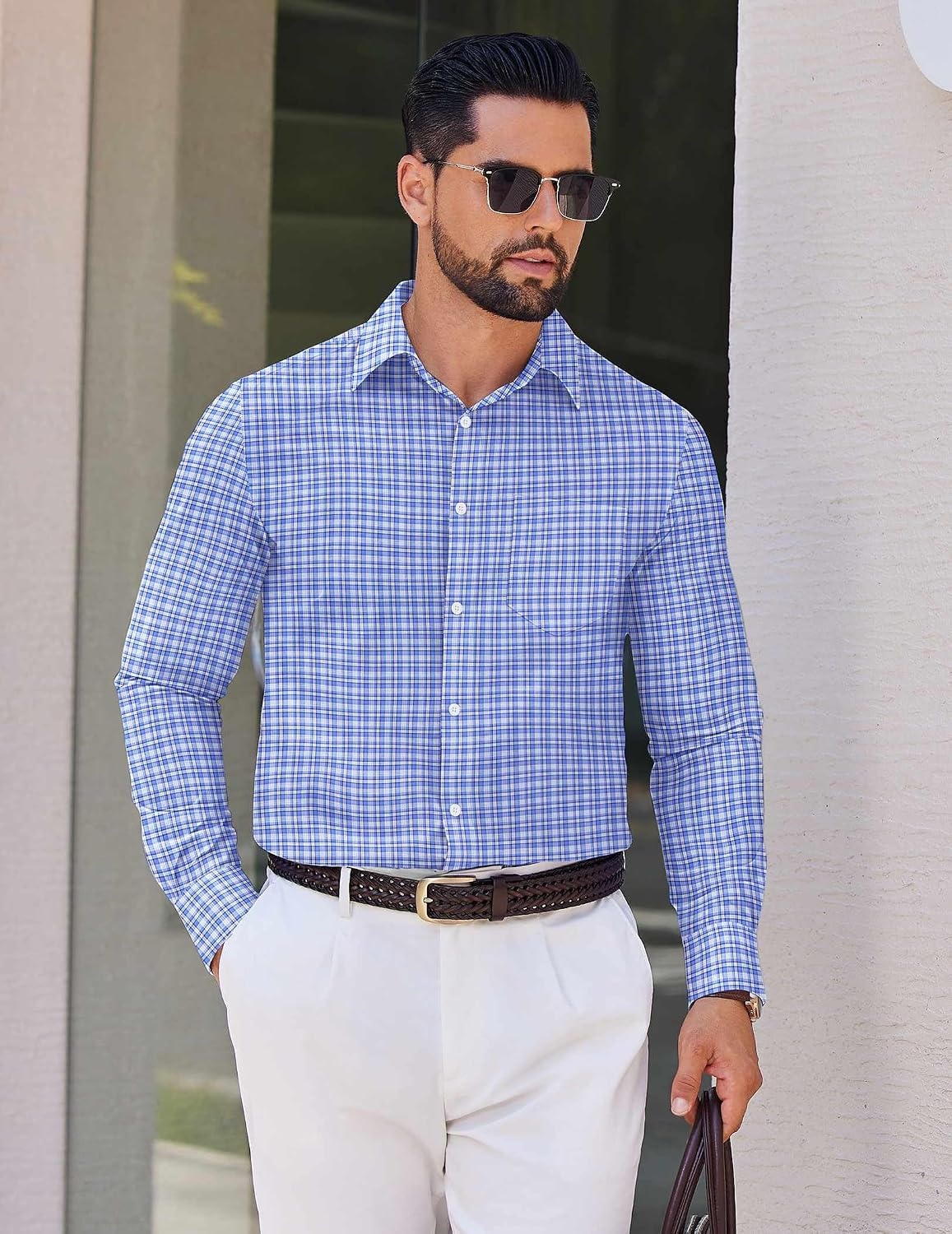 image:imageCOOFANDY Mens Wrinkle Free Plaid Dress Shirt Long Sleeve Button Down Shirt01blue White Plaid