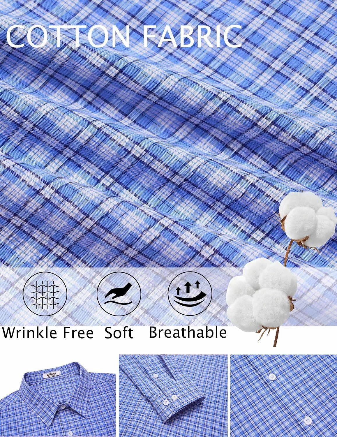 image:imageCOOFANDY Mens Wrinkle Free Plaid Dress Shirt Long Sleeve Button Down Shirt01blue White Plaid
