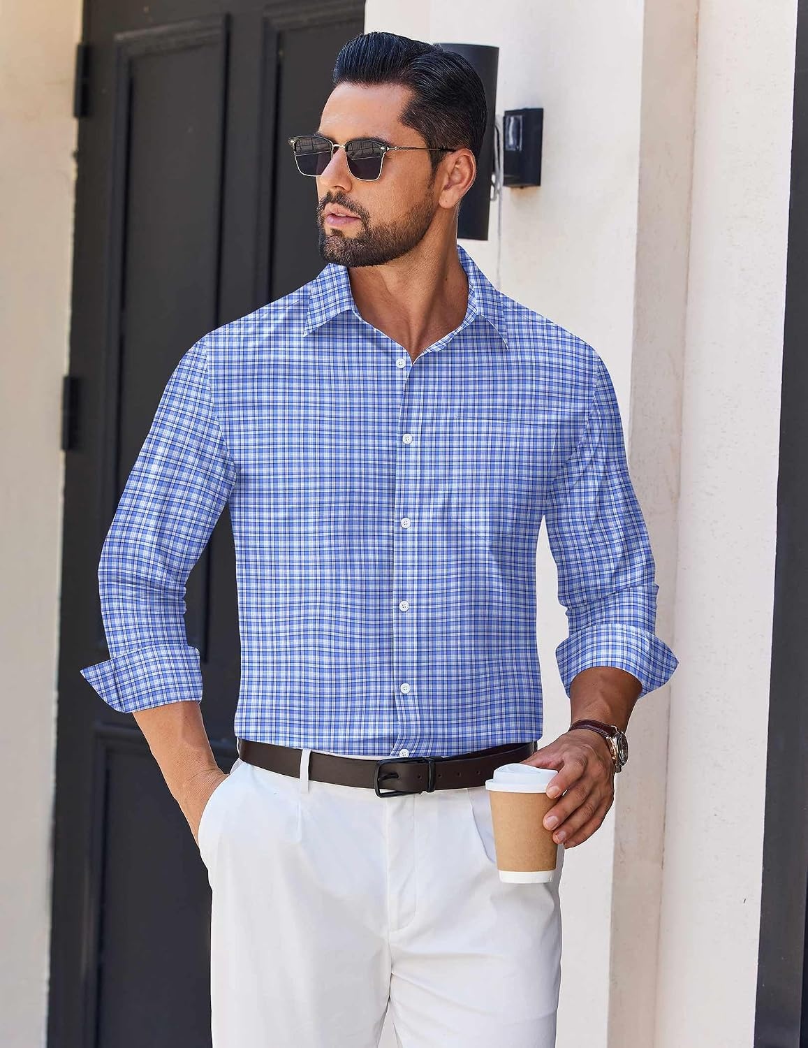 image:imageCOOFANDY Mens Wrinkle Free Plaid Dress Shirt Long Sleeve Button Down Shirt01blue White Plaid