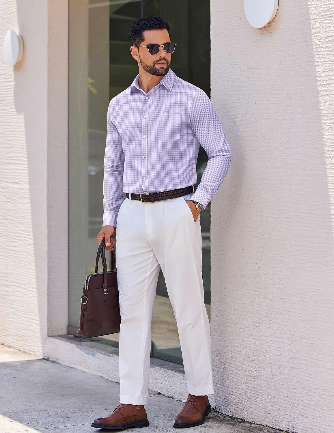 image:imageCOOFANDY Mens Wrinkle Free Plaid Dress Shirt Long Sleeve Button Down Shirt03light Purple Plaid