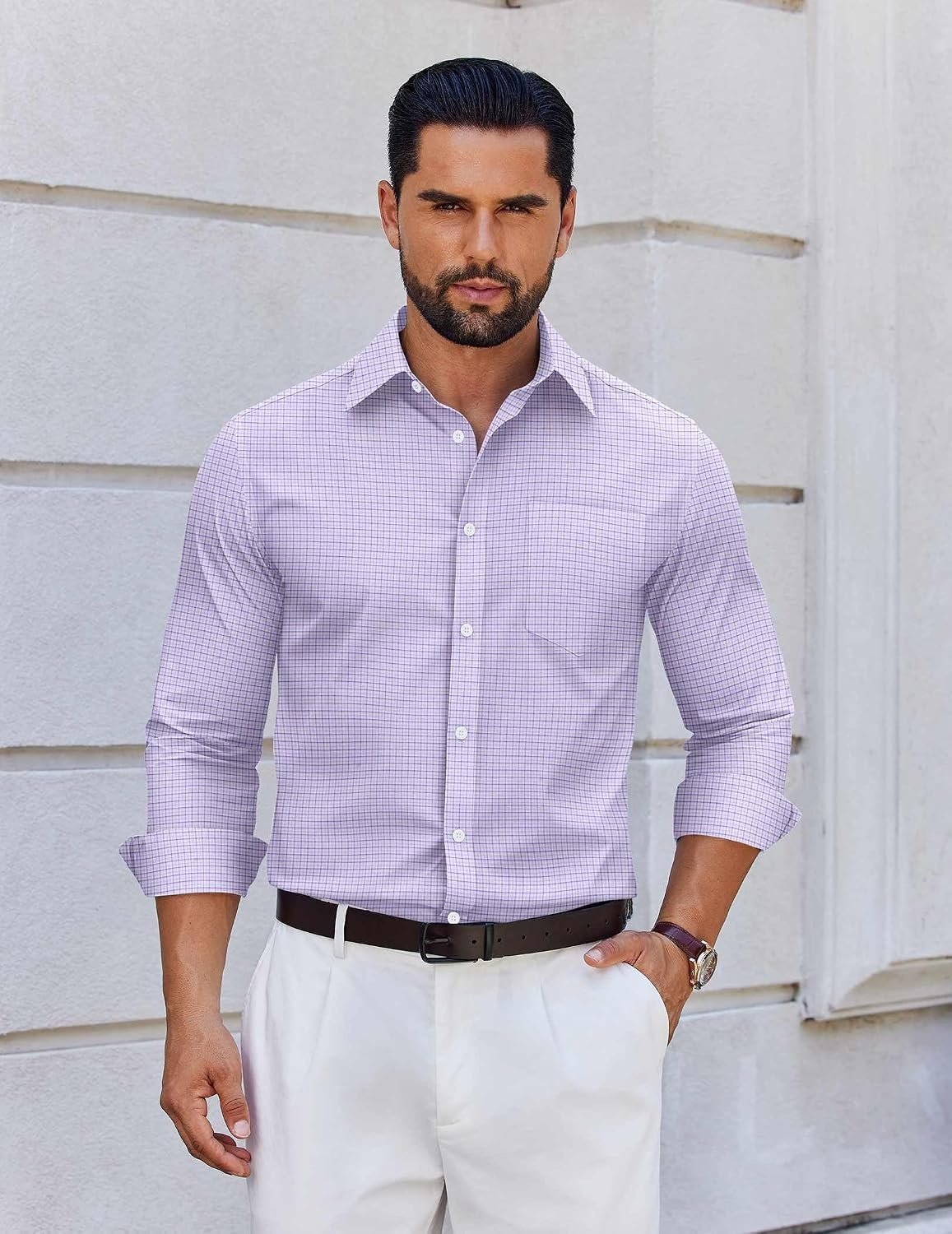 image:imageCOOFANDY Mens Wrinkle Free Plaid Dress Shirt Long Sleeve Button Down Shirt03light Purple Plaid