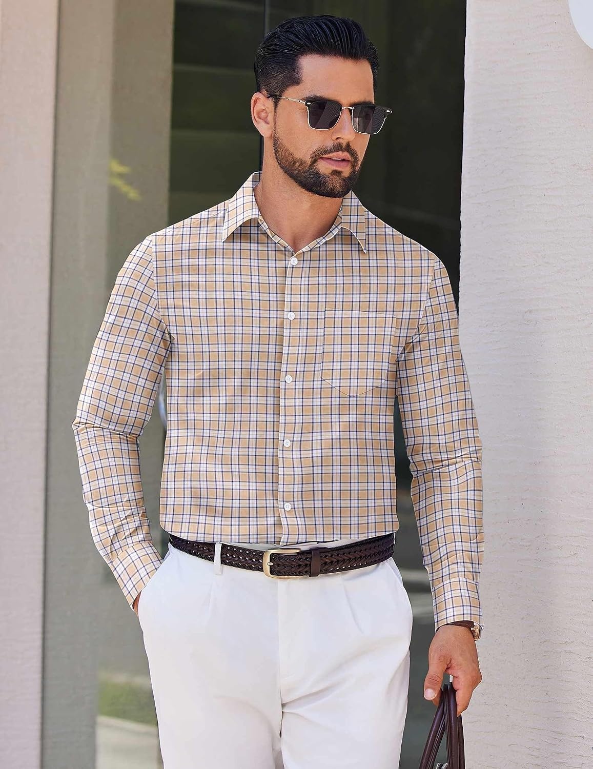 image:imageCOOFANDY Mens Wrinkle Free Plaid Dress Shirt Long Sleeve Button Down Shirt04khaki Plaid