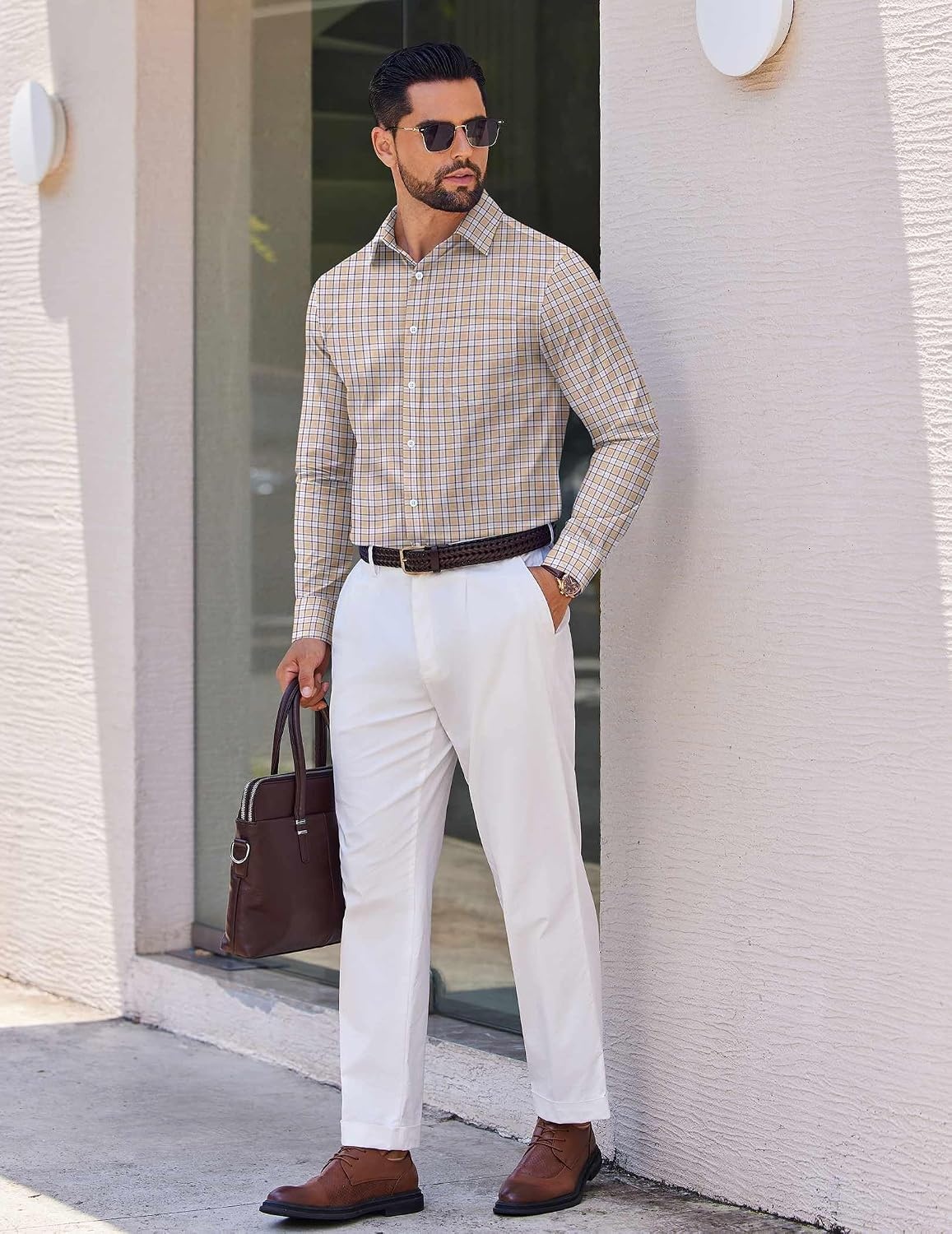 image:imageCOOFANDY Mens Wrinkle Free Plaid Dress Shirt Long Sleeve Button Down Shirt04khaki Plaid