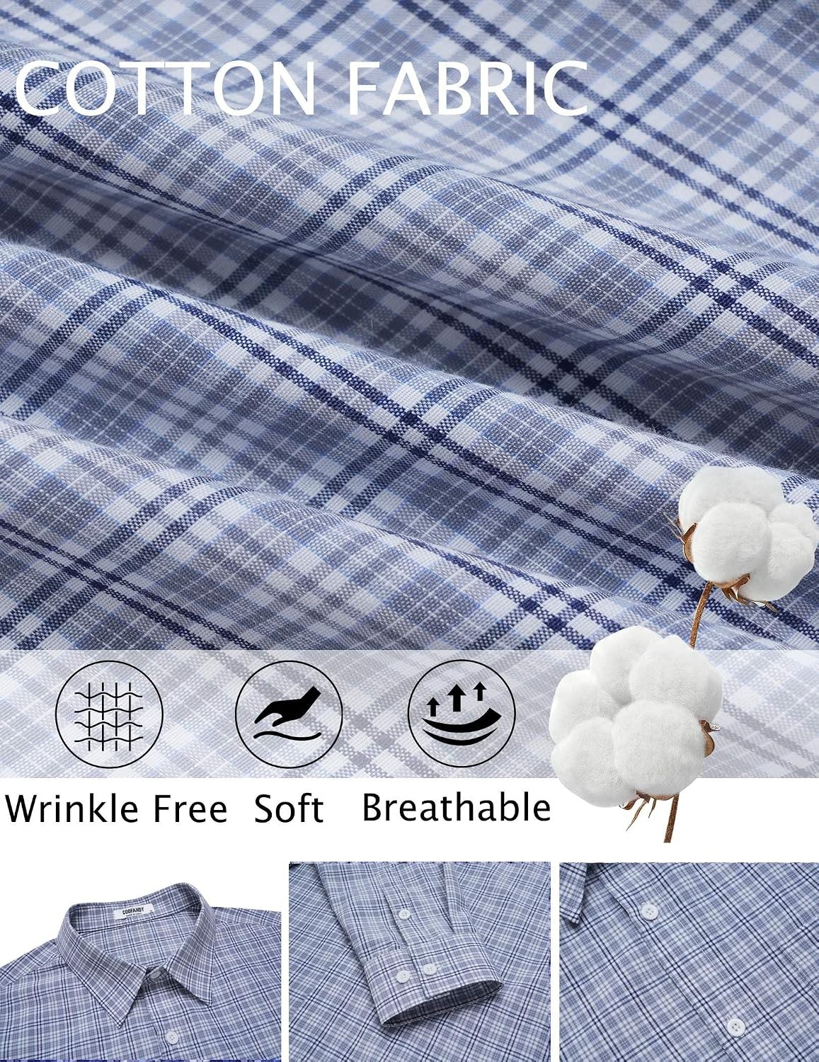 image:imageCOOFANDY Mens Wrinkle Free Plaid Dress Shirt Long Sleeve Button Down Shirt05grey White Plaid