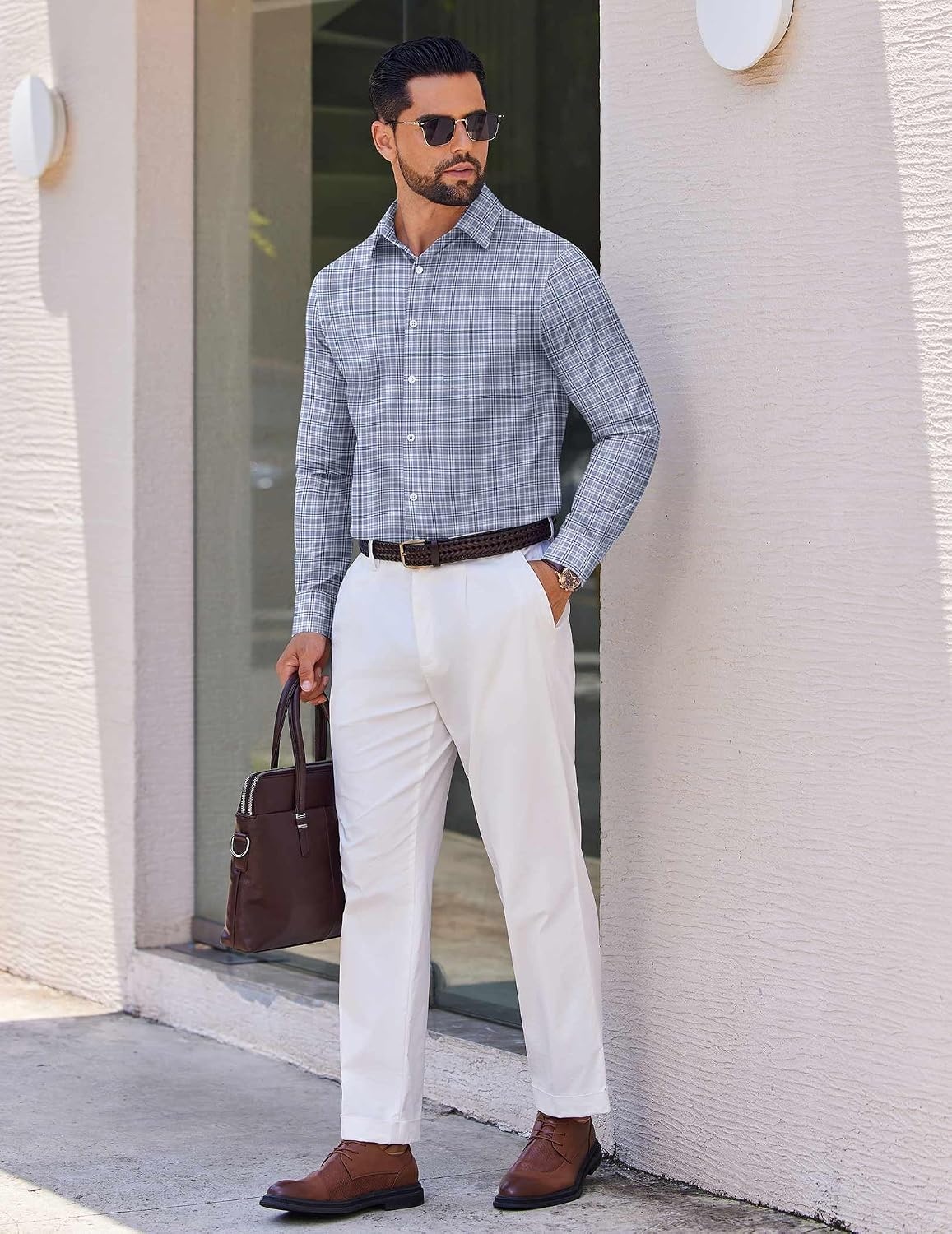 image:imageCOOFANDY Mens Wrinkle Free Plaid Dress Shirt Long Sleeve Button Down Shirt05grey White Plaid