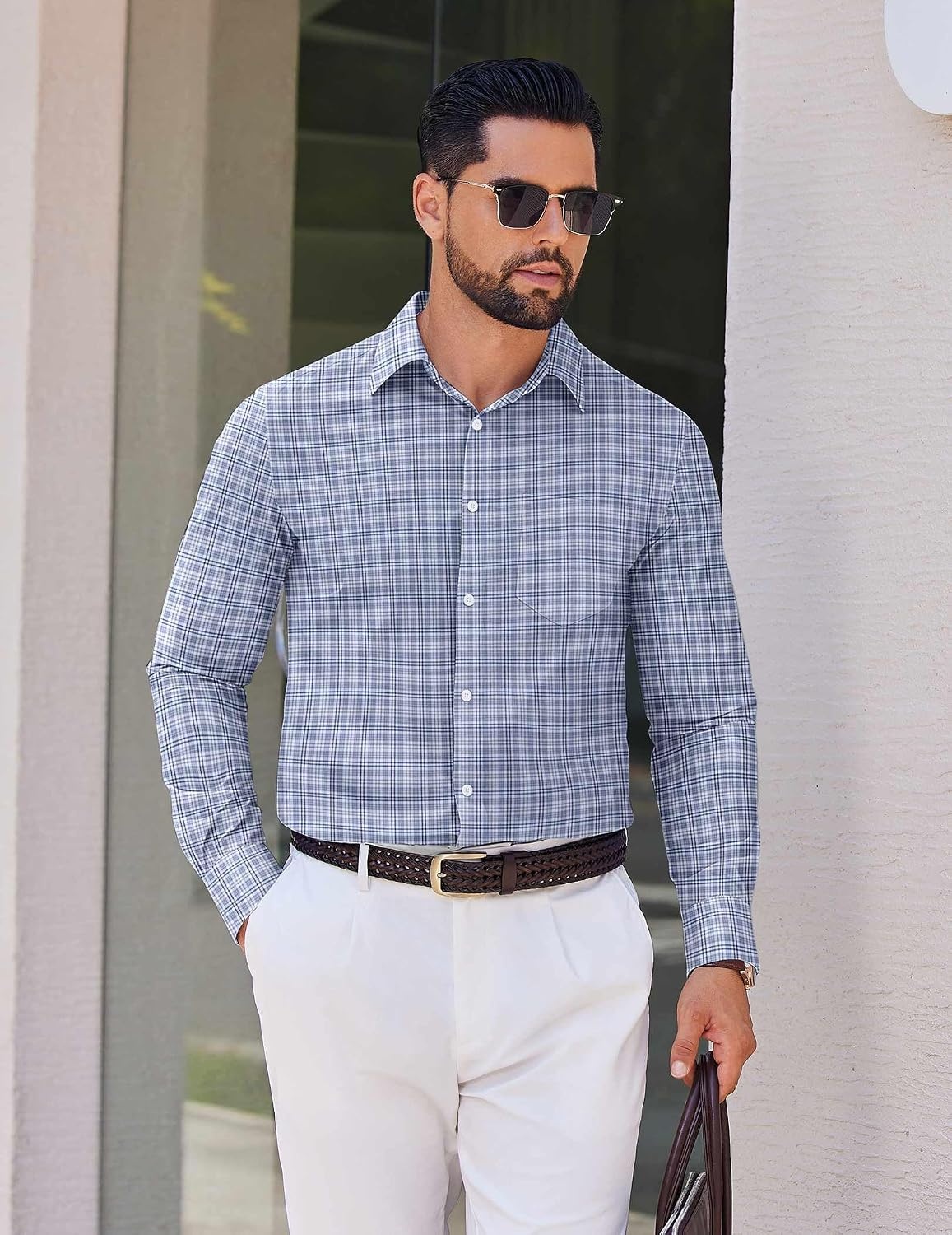 image:imageCOOFANDY Mens Wrinkle Free Plaid Dress Shirt Long Sleeve Button Down Shirt05grey White Plaid