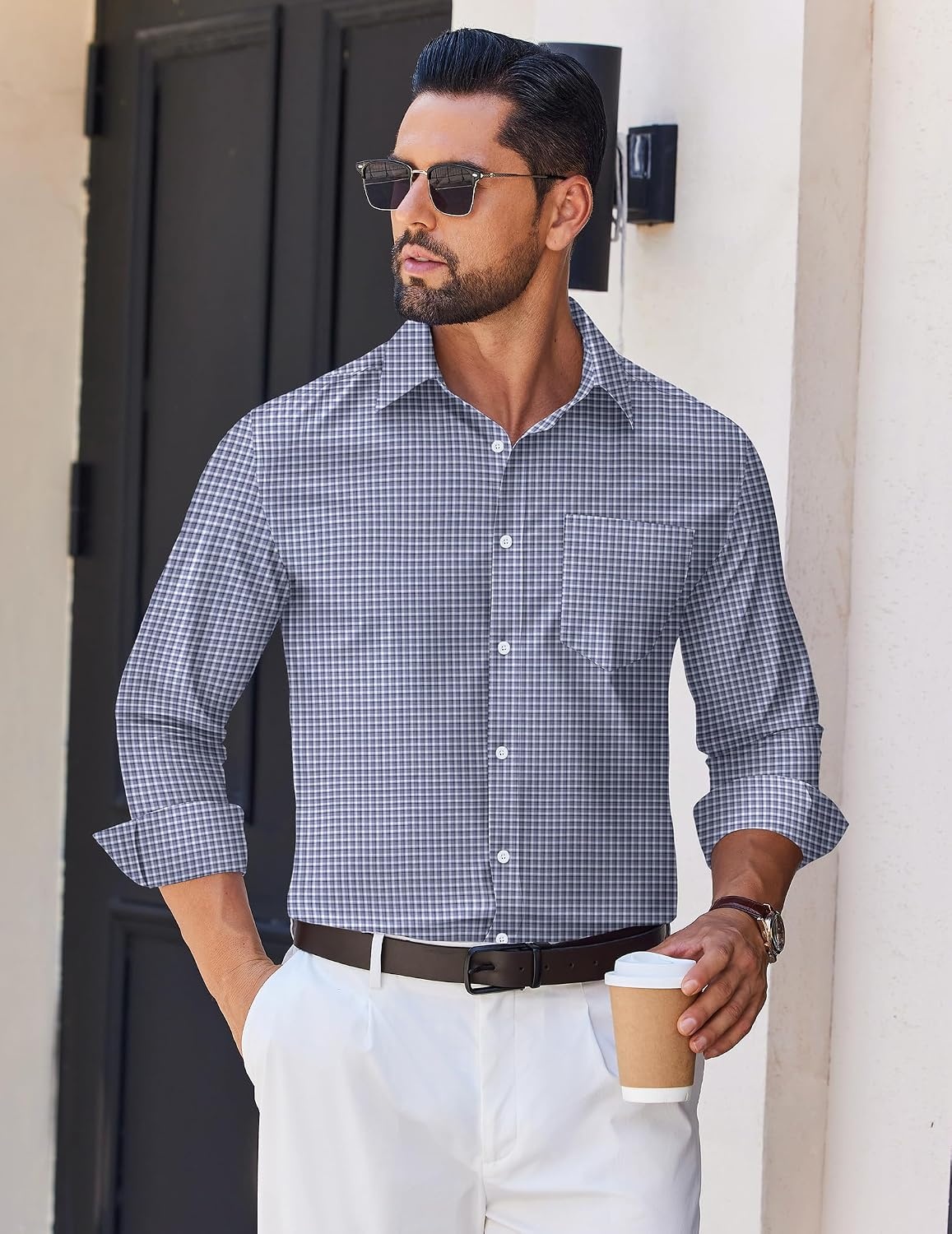 image:imageCOOFANDY Mens Wrinkle Free Plaid Dress Shirt Long Sleeve Button Down Shirt06black Grey Plaid