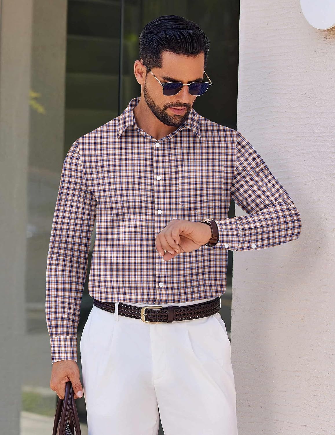 image:imageCOOFANDY Mens Wrinkle Free Plaid Dress Shirt Long Sleeve Button Down Shirt08blue Orange Plaid