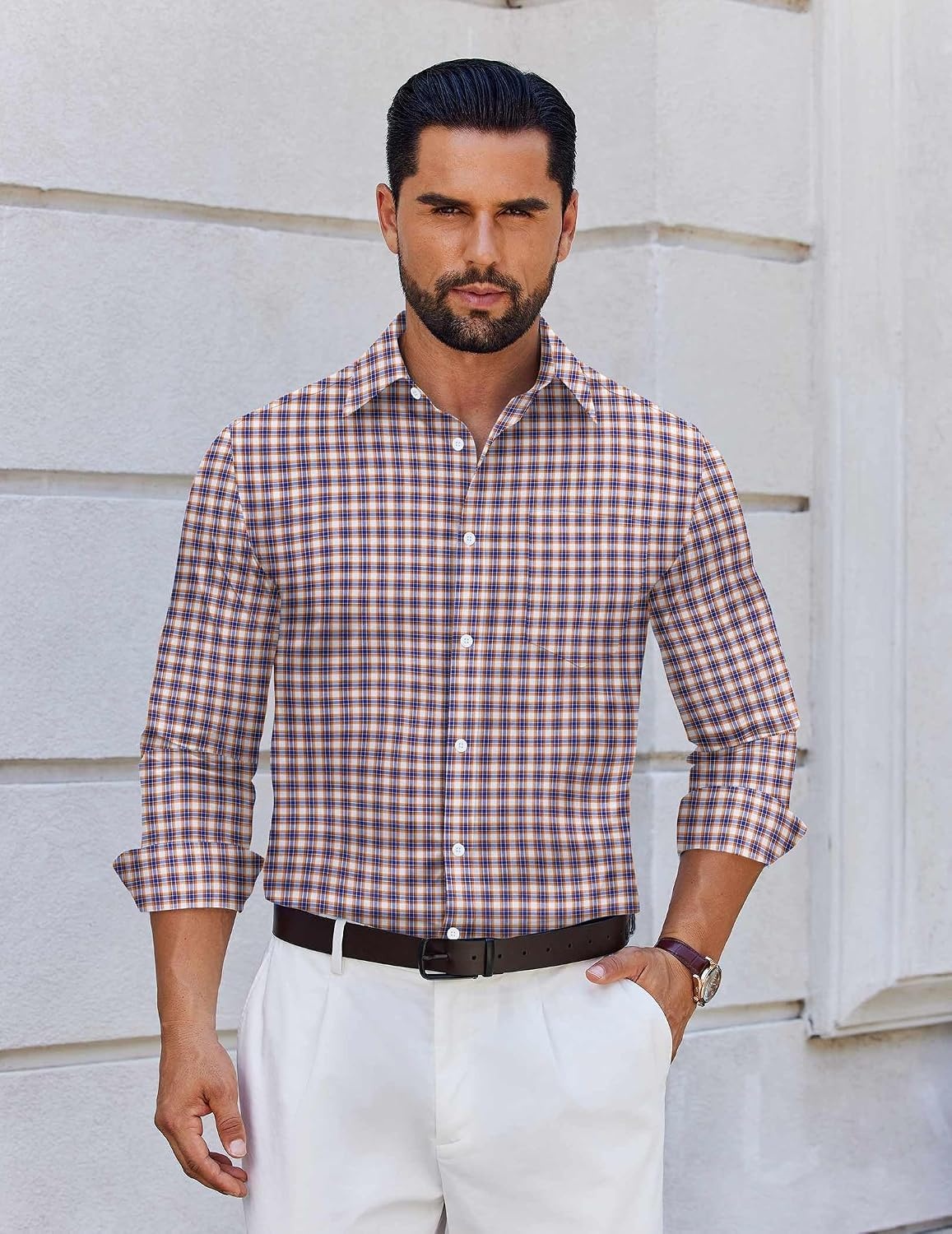 image:imageCOOFANDY Mens Wrinkle Free Plaid Dress Shirt Long Sleeve Button Down Shirt08blue Orange Plaid