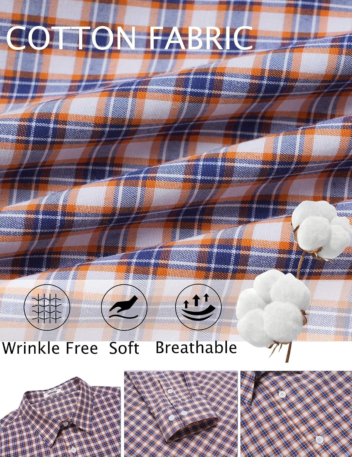 image:imageCOOFANDY Mens Wrinkle Free Plaid Dress Shirt Long Sleeve Button Down Shirt08blue Orange Plaid