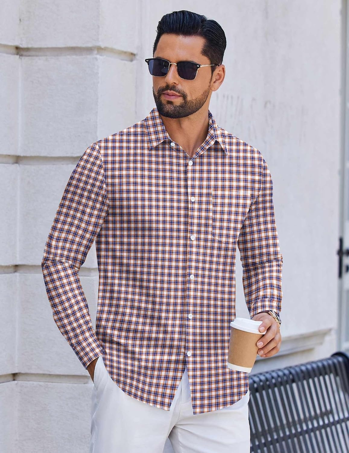 image:imageCOOFANDY Mens Wrinkle Free Plaid Dress Shirt Long Sleeve Button Down Shirt08blue Orange Plaid