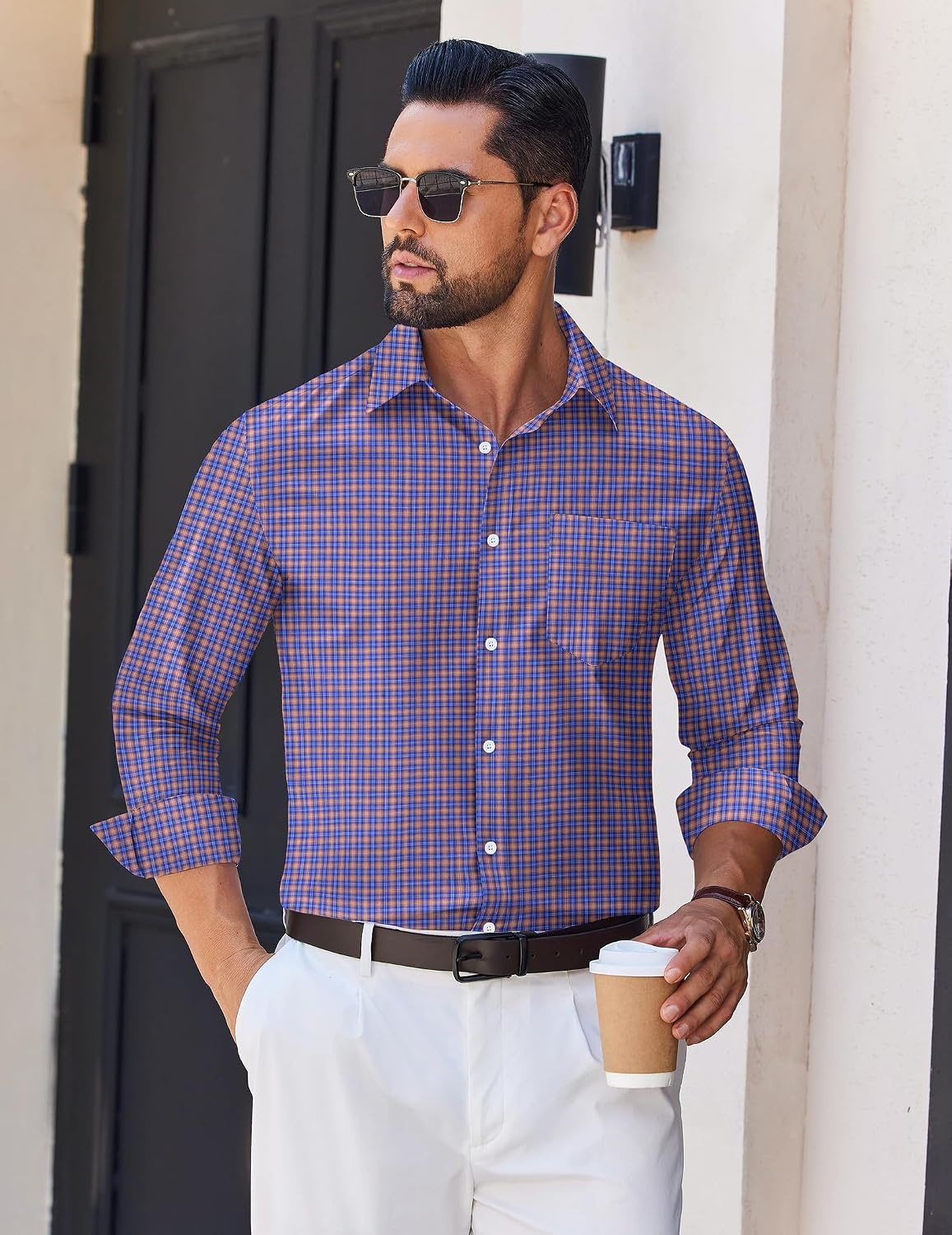 image:imageCOOFANDY Mens Wrinkle Free Plaid Dress Shirt Long Sleeve Button Down Shirt09blue Khaki Plaid