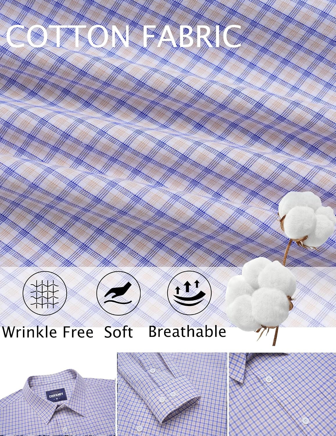 image:imageCOOFANDY Mens Wrinkle Free Plaid Dress Shirt Long Sleeve Button Down Shirt11light Blue Khaki Plaid