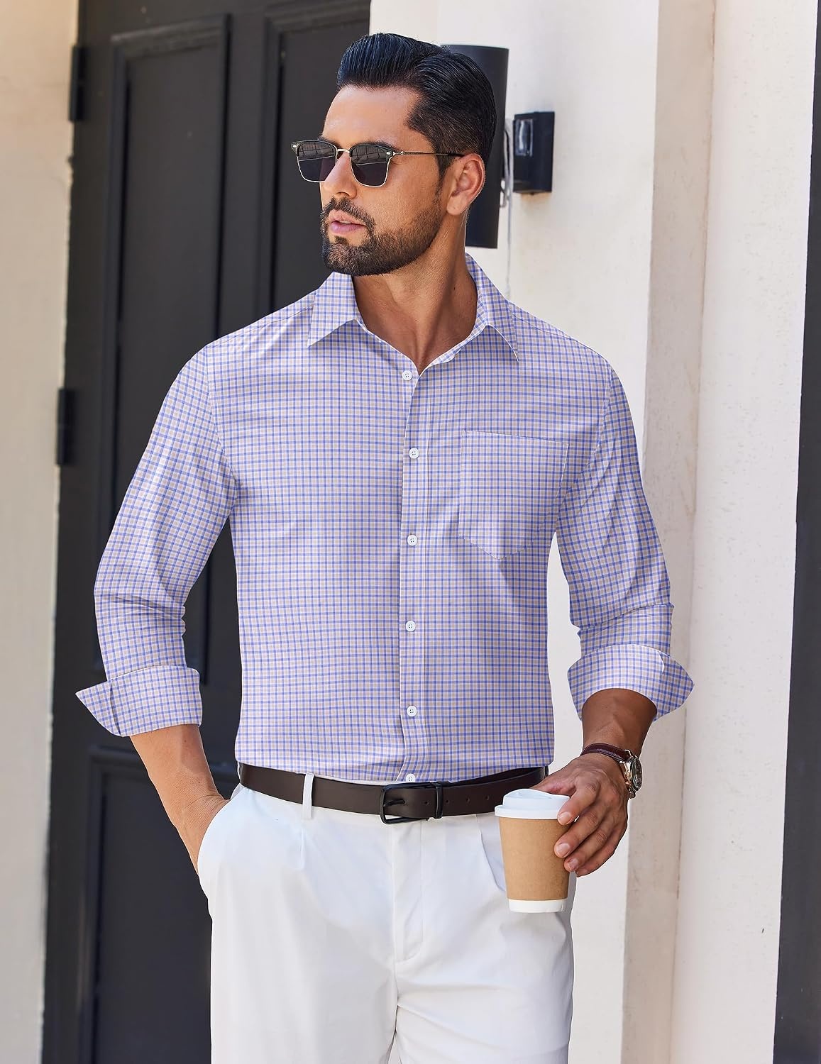 image:imageCOOFANDY Mens Wrinkle Free Plaid Dress Shirt Long Sleeve Button Down Shirt11light Blue Khaki Plaid