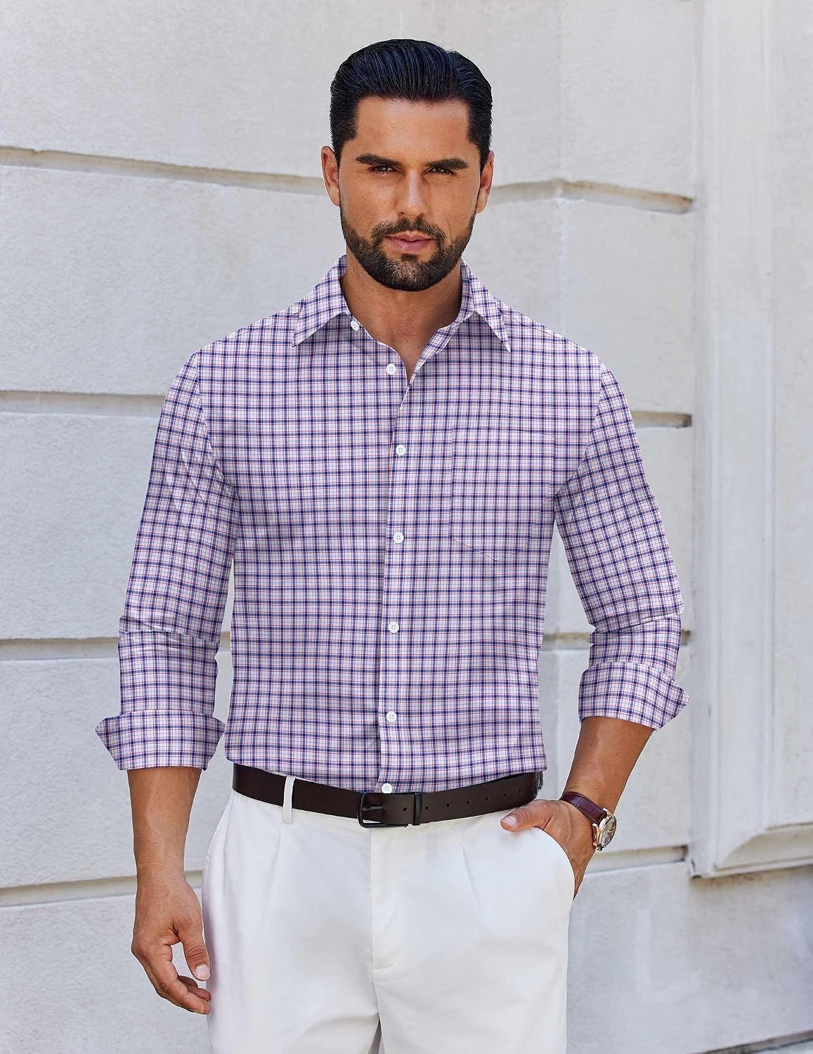 image:imageCOOFANDY Mens Wrinkle Free Plaid Dress Shirt Long Sleeve Button Down Shirt12white Red Plaid