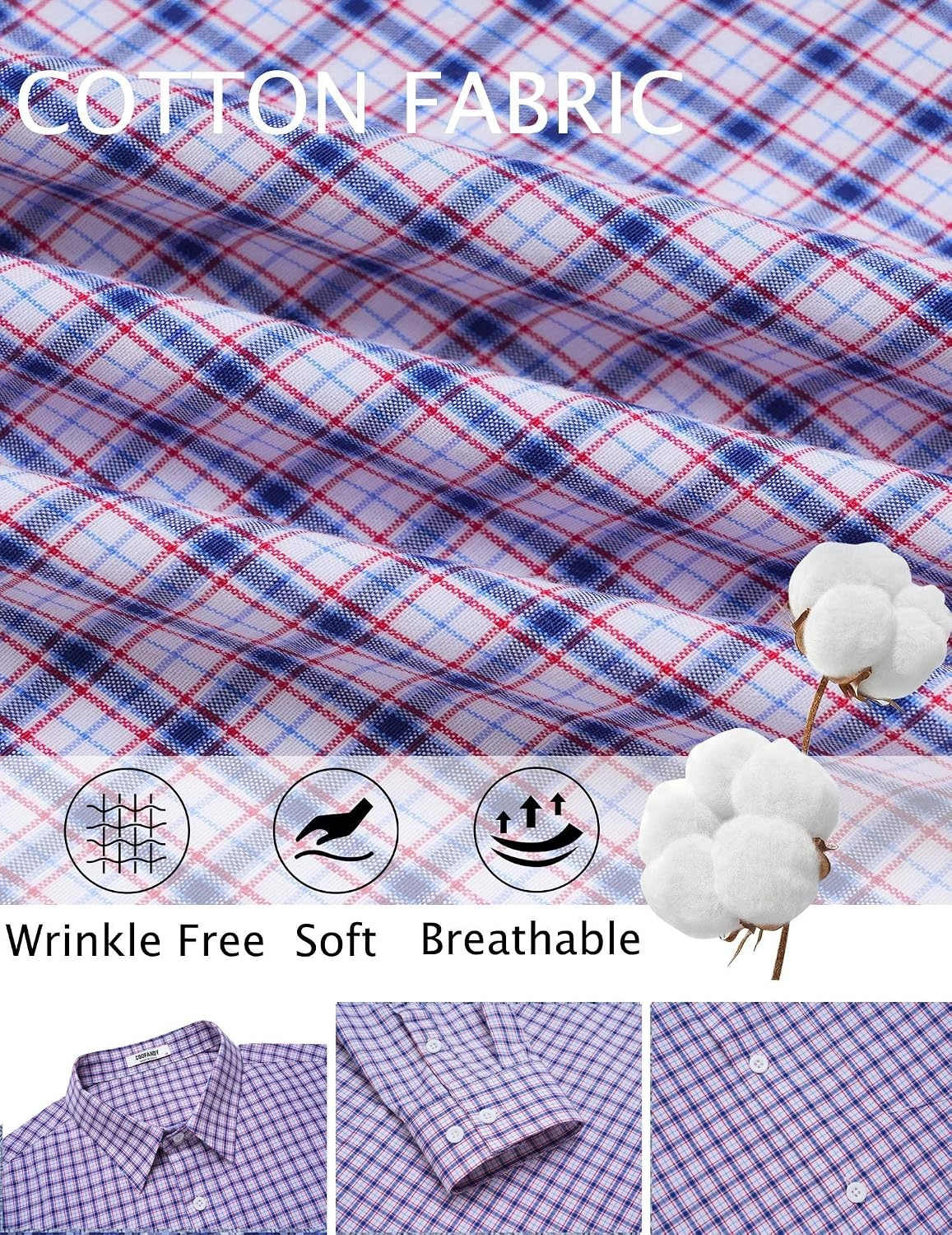 image:imageCOOFANDY Mens Wrinkle Free Plaid Dress Shirt Long Sleeve Button Down Shirt12white Red Plaid