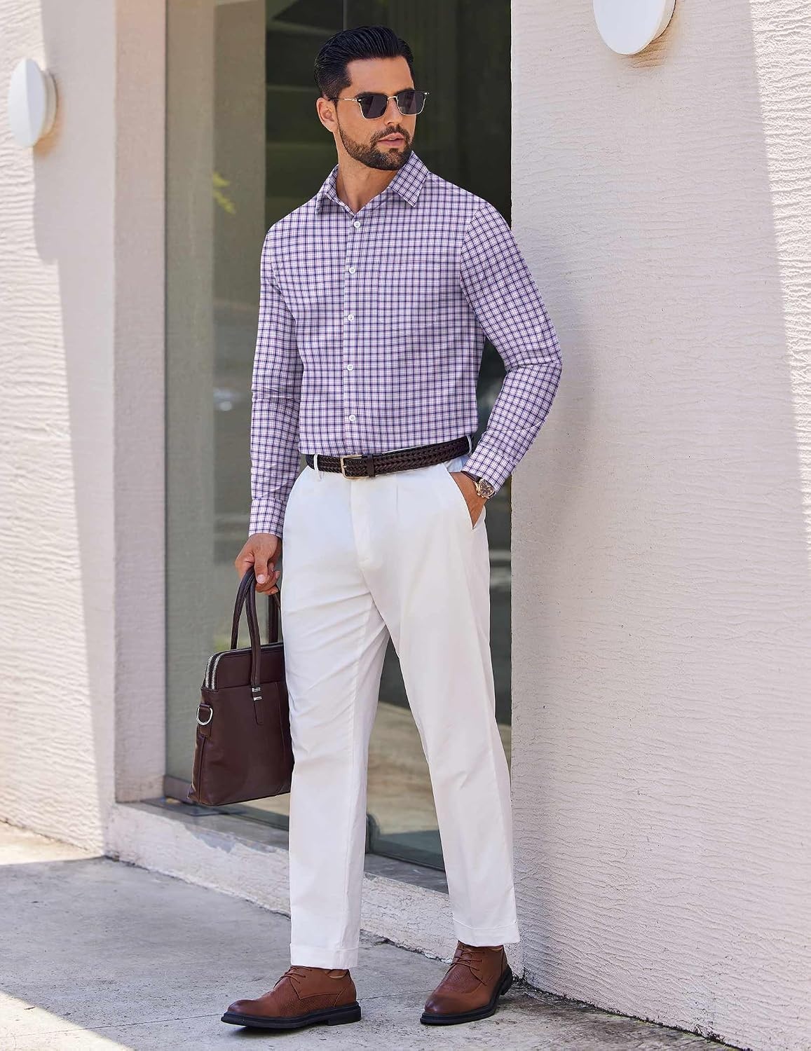 image:imageCOOFANDY Mens Wrinkle Free Plaid Dress Shirt Long Sleeve Button Down Shirt12white Red Plaid