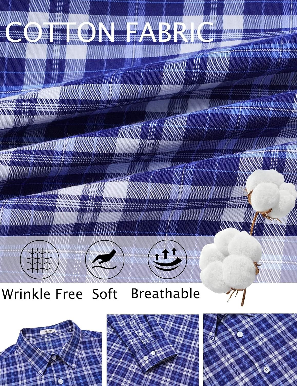 image:imageCOOFANDY Mens Wrinkle Free Plaid Dress Shirt Long Sleeve Button Down Shirt13navy White Plaid