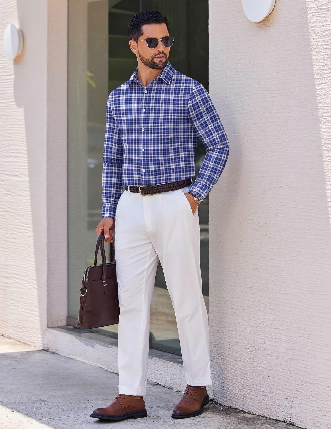 image:imageCOOFANDY Mens Wrinkle Free Plaid Dress Shirt Long Sleeve Button Down Shirt13navy White Plaid