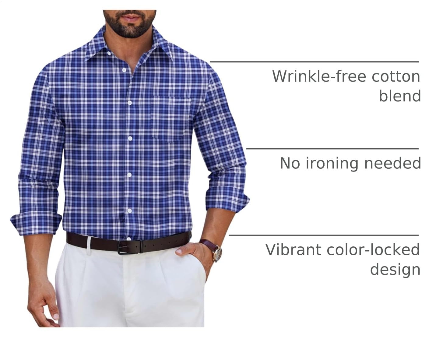 image:imageCOOFANDY Mens Wrinkle Free Plaid Dress Shirt Long Sleeve Button Down Shirt13navy White Plaid
