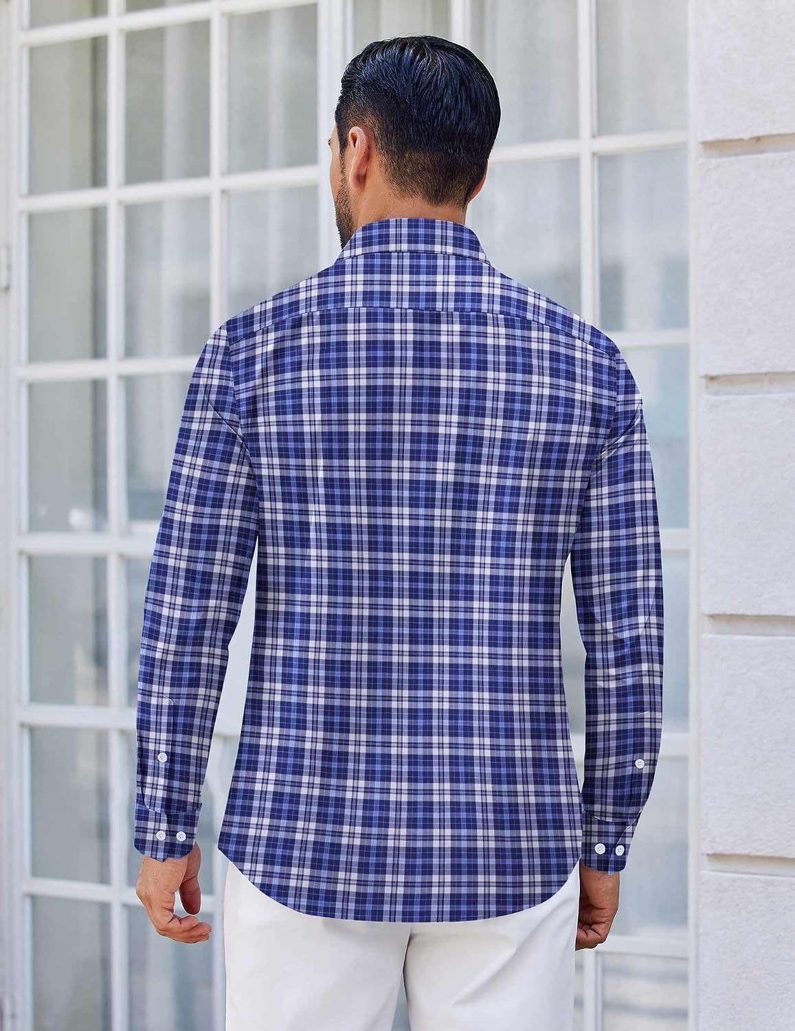 image:imageCOOFANDY Mens Wrinkle Free Plaid Dress Shirt Long Sleeve Button Down Shirt13navy White Plaid
