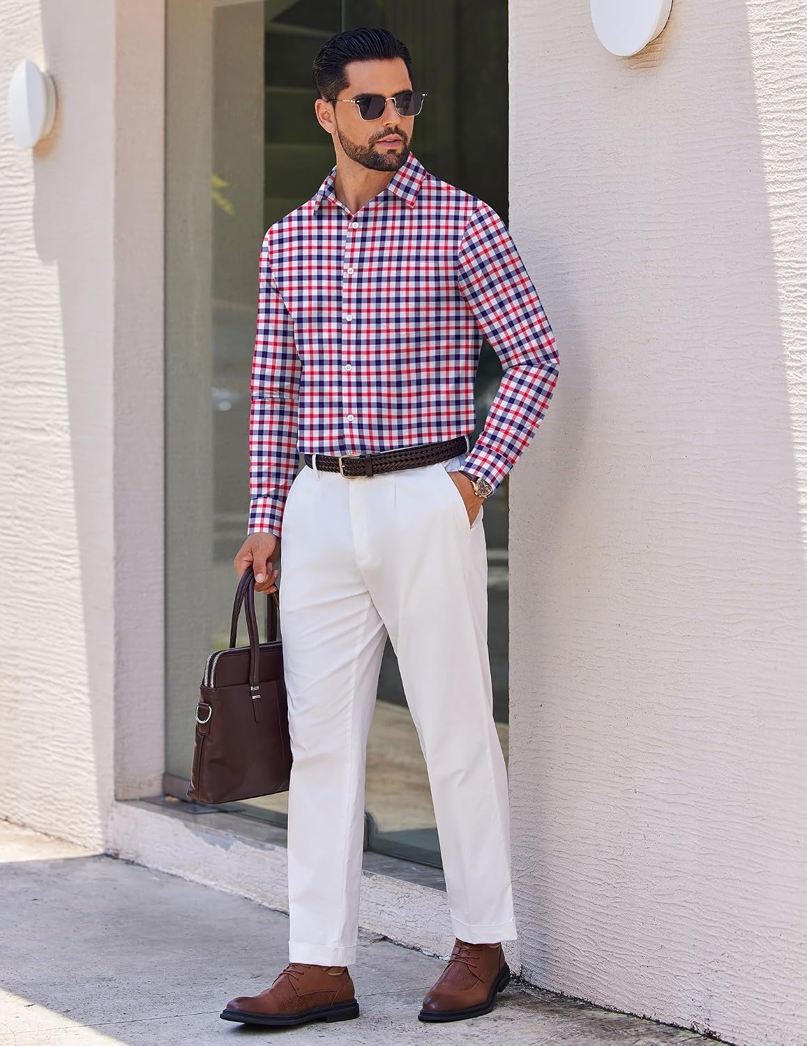 image:imageCOOFANDY Mens Wrinkle Free Plaid Dress Shirt Long Sleeve Button Down Shirt15navy Red Plaid