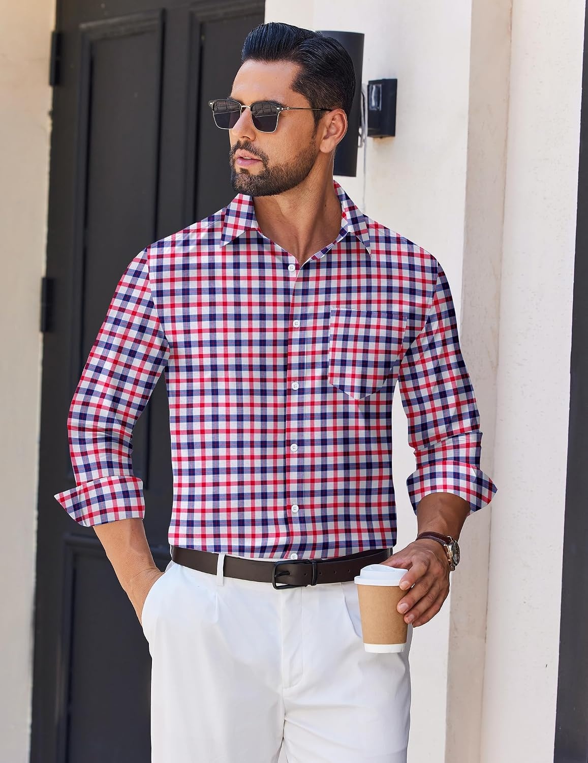 image:imageCOOFANDY Mens Wrinkle Free Plaid Dress Shirt Long Sleeve Button Down Shirt15navy Red Plaid