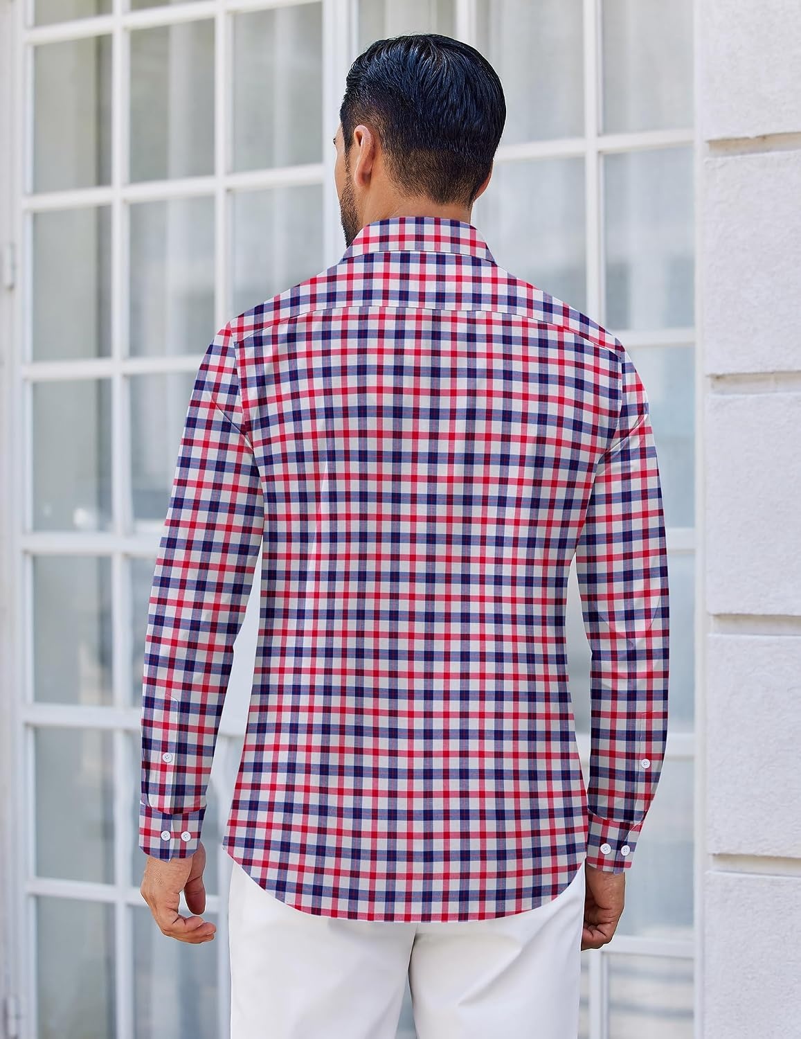 image:imageCOOFANDY Mens Wrinkle Free Plaid Dress Shirt Long Sleeve Button Down Shirt15navy Red Plaid