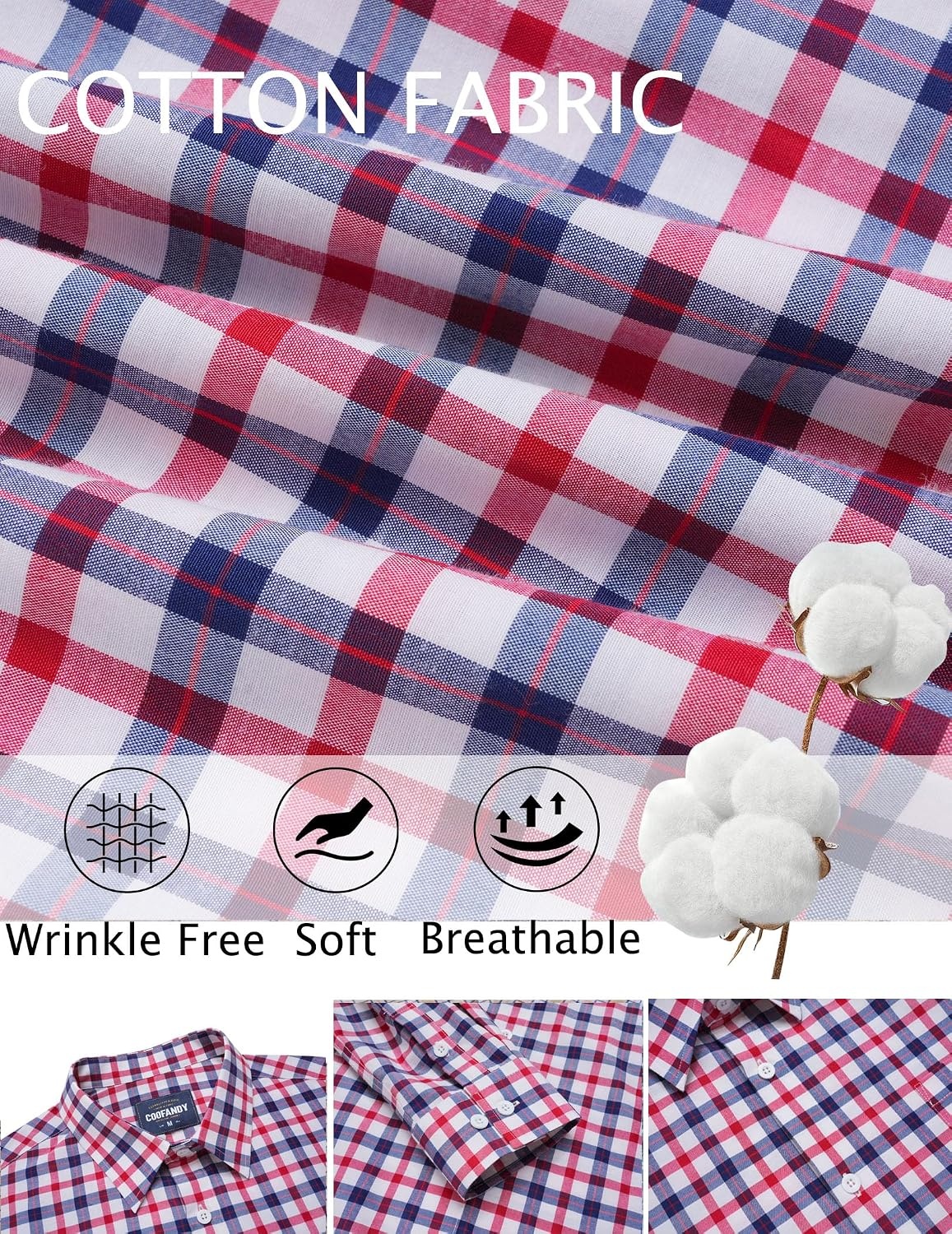 image:imageCOOFANDY Mens Wrinkle Free Plaid Dress Shirt Long Sleeve Button Down Shirt15navy Red Plaid