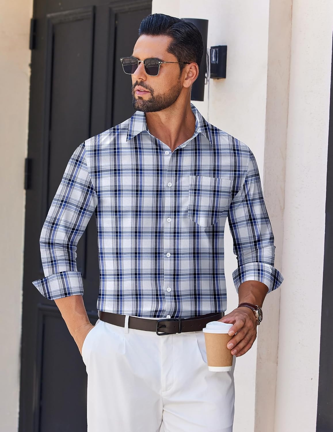 image:imageCOOFANDY Mens Wrinkle Free Plaid Dress Shirt Long Sleeve Button Down Shirt17navy Black White Plaid