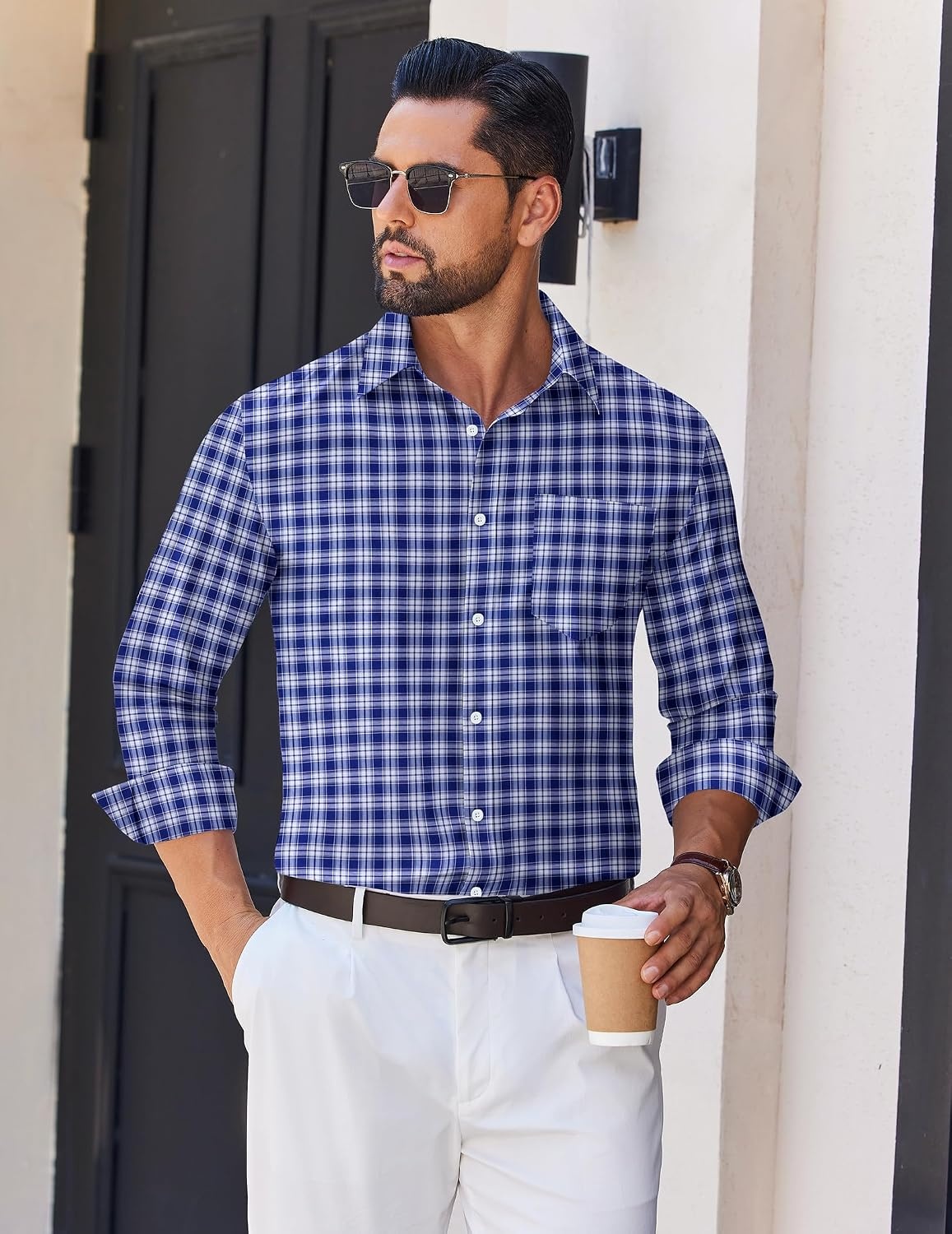 image:imageCOOFANDY Mens Wrinkle Free Plaid Dress Shirt Long Sleeve Button Down Shirt18navy Blue White Plaid