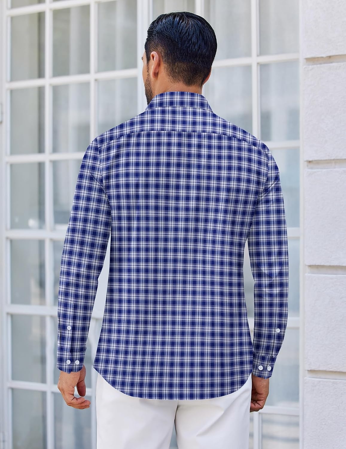image:imageCOOFANDY Mens Wrinkle Free Plaid Dress Shirt Long Sleeve Button Down Shirt18navy Blue White Plaid