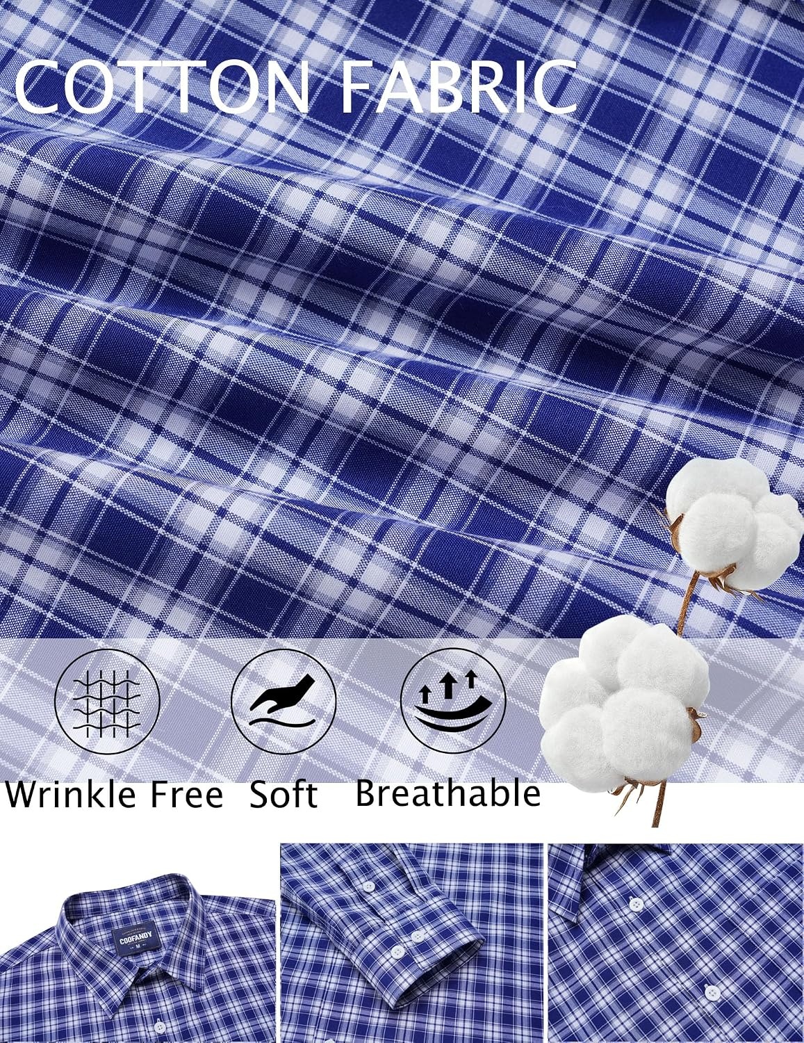 image:imageCOOFANDY Mens Wrinkle Free Plaid Dress Shirt Long Sleeve Button Down Shirt18navy Blue White Plaid