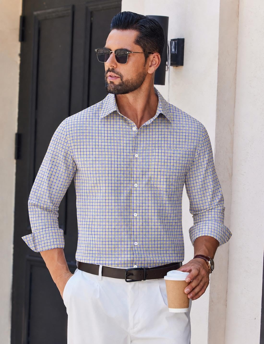 image:imageCOOFANDY Mens Wrinkle Free Plaid Dress Shirt Long Sleeve Button Down Shirt20yellow Blue Plaid