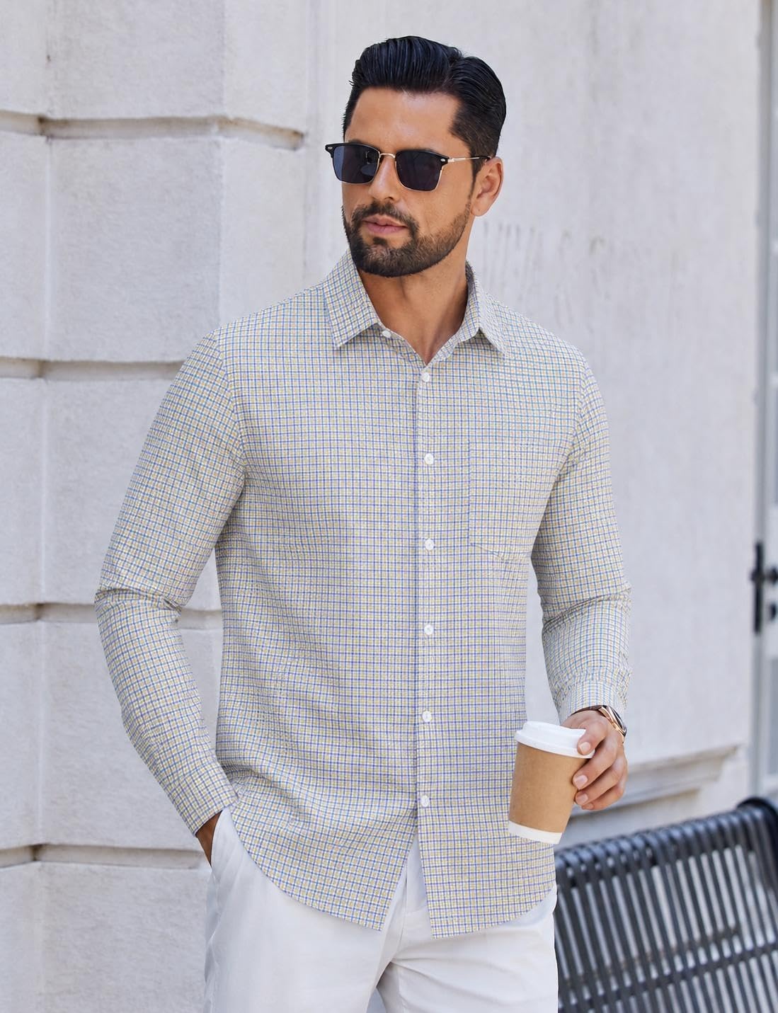 image:imageCOOFANDY Mens Wrinkle Free Plaid Dress Shirt Long Sleeve Button Down Shirt20yellow Blue Plaid