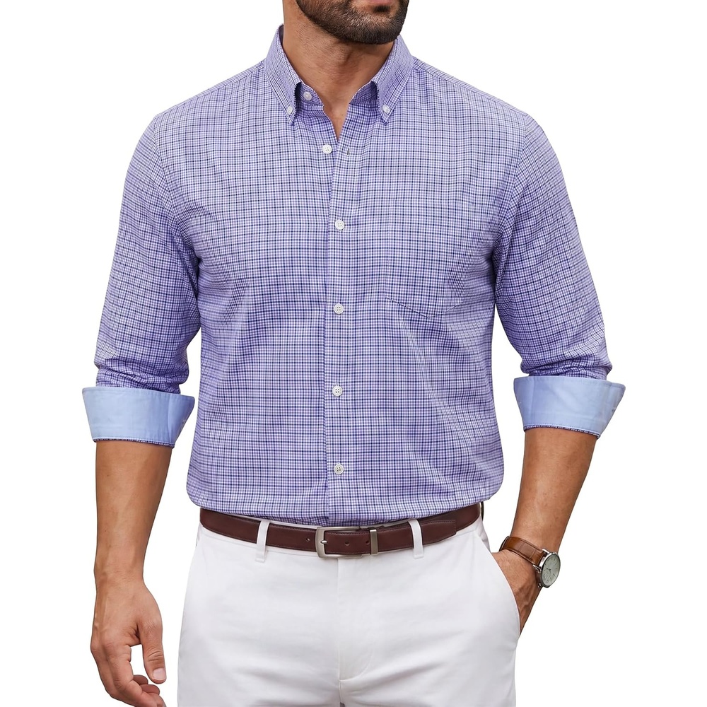 image:imageCOOFANDY Men Plaid Dress Shirts Long Sleeve Button Down Shirts Cotton ShirtBlue Purple Plaid