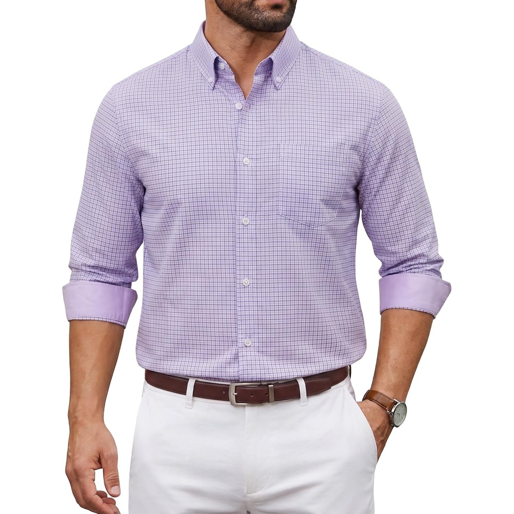 image:imageCOOFANDY Men Plaid Dress Shirts Long Sleeve Button Down Shirts Cotton ShirtLight Purple Plaid