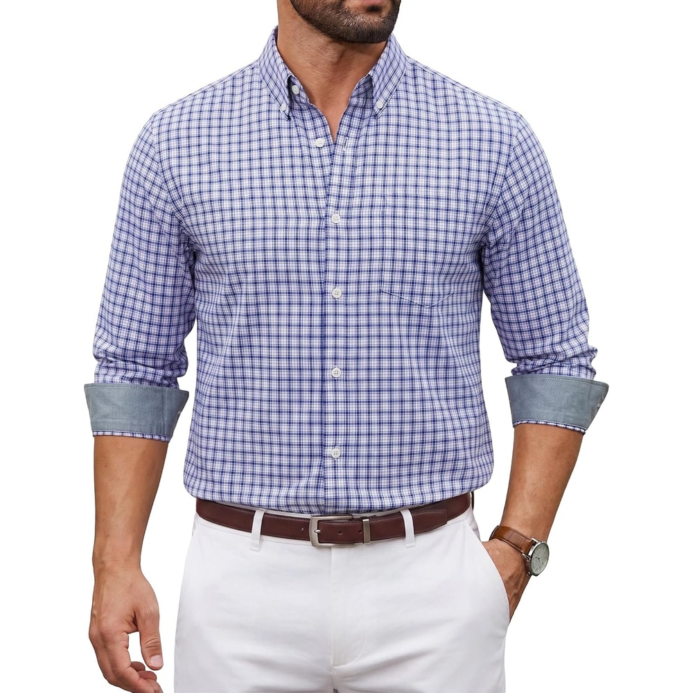 image:imageCOOFANDY Men Plaid Dress Shirts Long Sleeve Button Down Shirts Cotton ShirtWhite Deep Blue Plaid