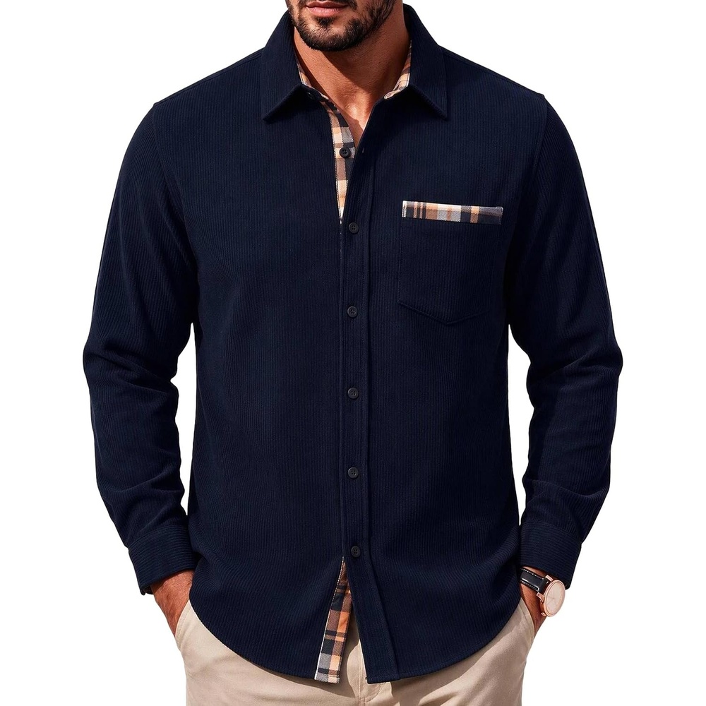 image:imageCOOFANDY Mens Button Down Shirt Long Sleeve Casual Corduroy Untucked Shirt Jacket with PocketAnavy