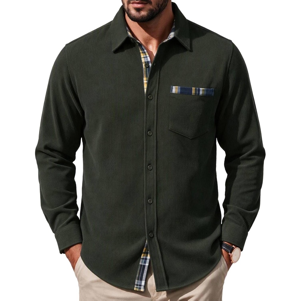 image:imageCOOFANDY Mens Button Down Shirt Long Sleeve Casual Corduroy Untucked Shirt Jacket with PocketArmy Green