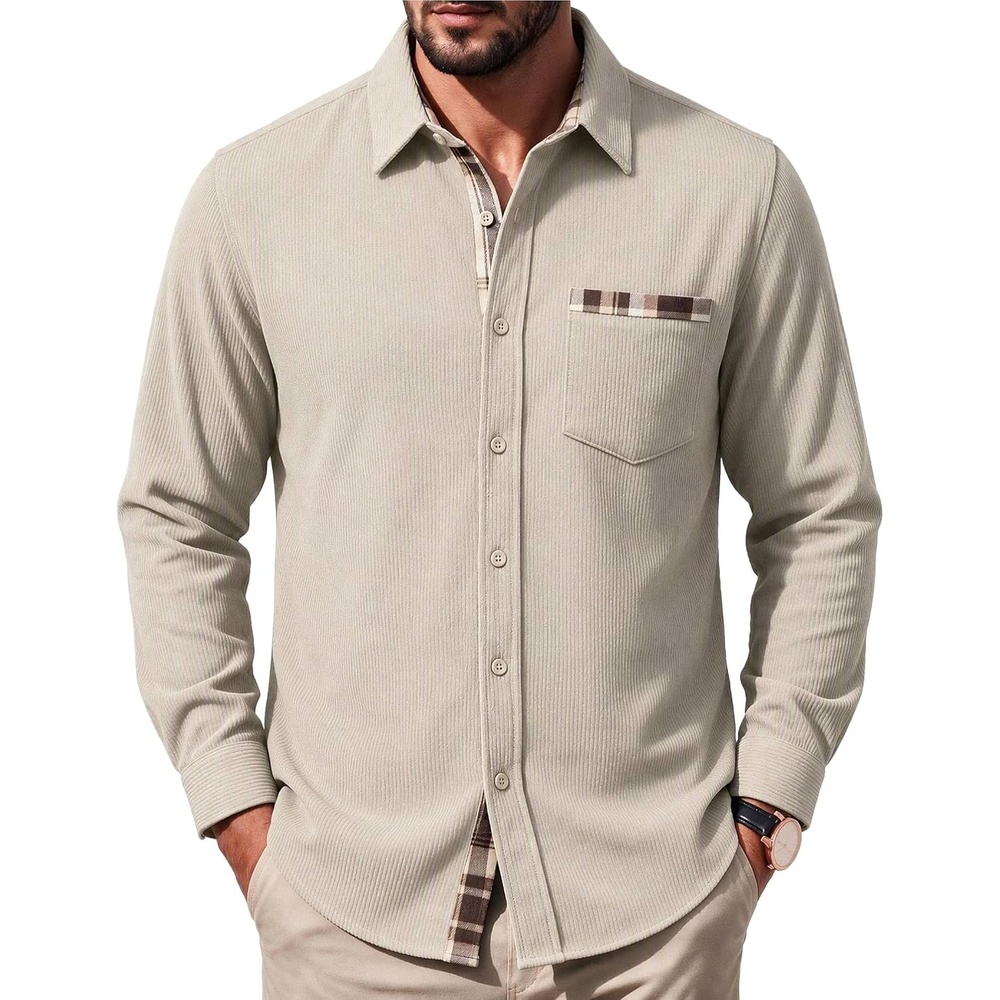 image:imageCOOFANDY Mens Button Down Shirt Long Sleeve Casual Corduroy Untucked Shirt Jacket with PocketBeige