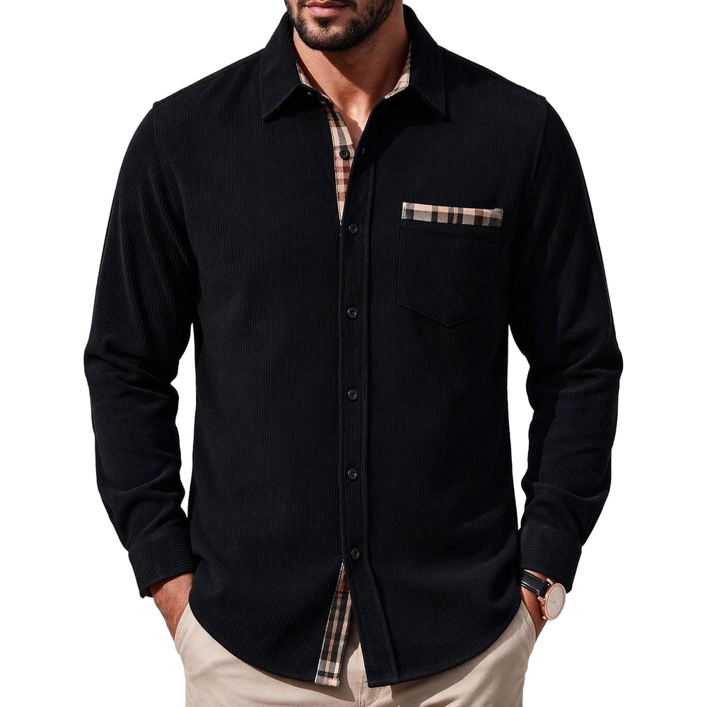 image:imageCOOFANDY Mens Button Down Shirt Long Sleeve Casual Corduroy Untucked Shirt Jacket with PocketBlack