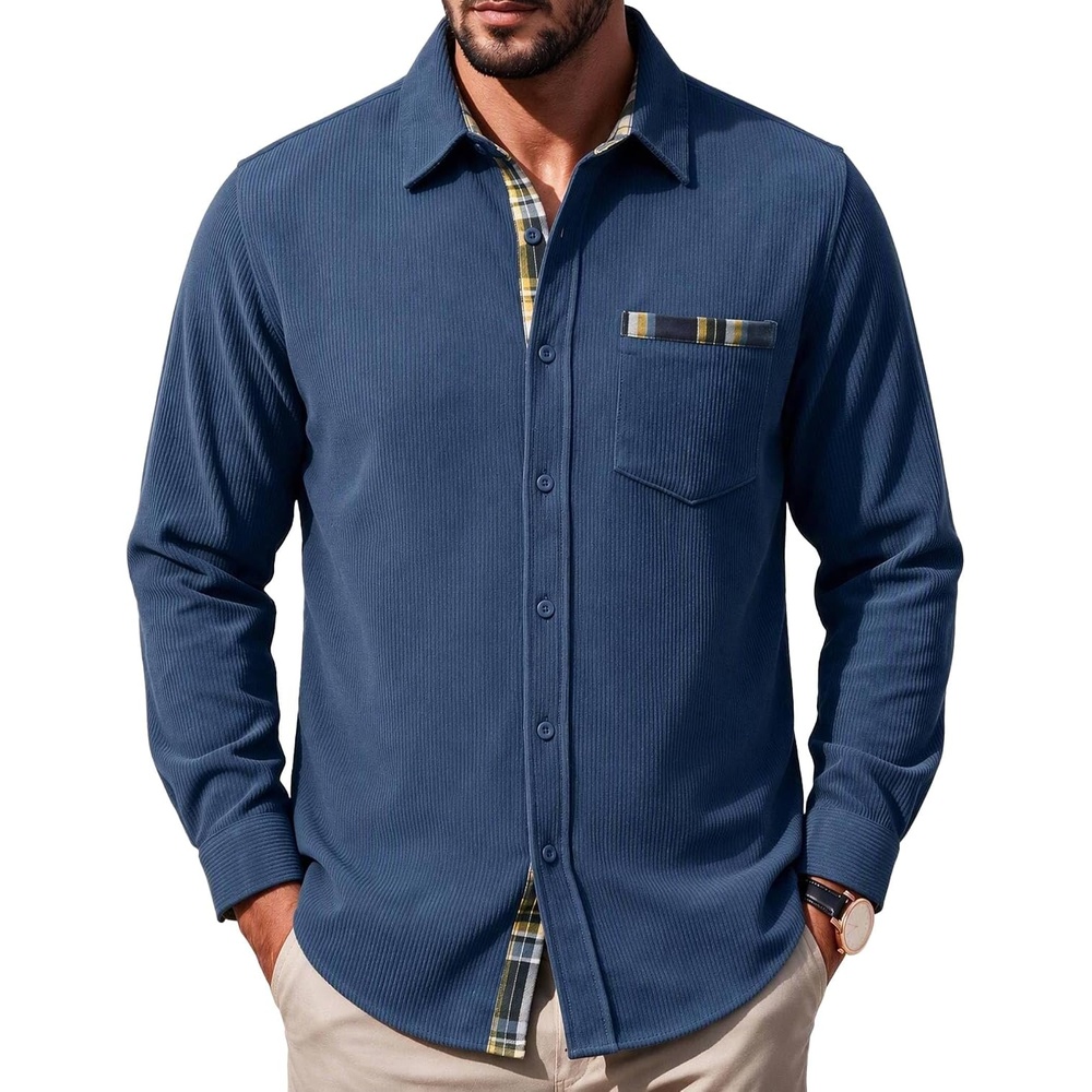 image:imageCOOFANDY Mens Button Down Shirt Long Sleeve Casual Corduroy Untucked Shirt Jacket with PocketBlue