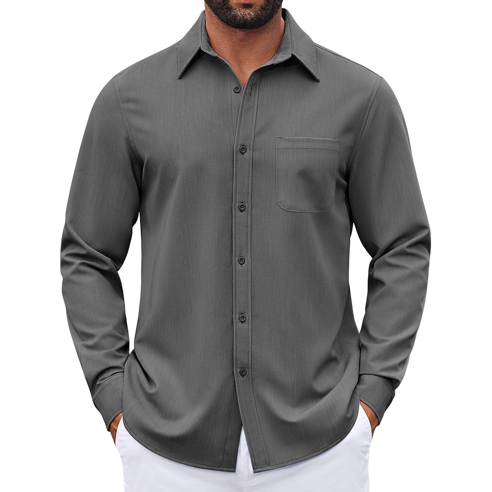 image:imageCOOFANDY Mens Dress Shirts Untucked Long Sleeve Button Down Denim Shirt Stretch Business Casual ShirtsDark Grey