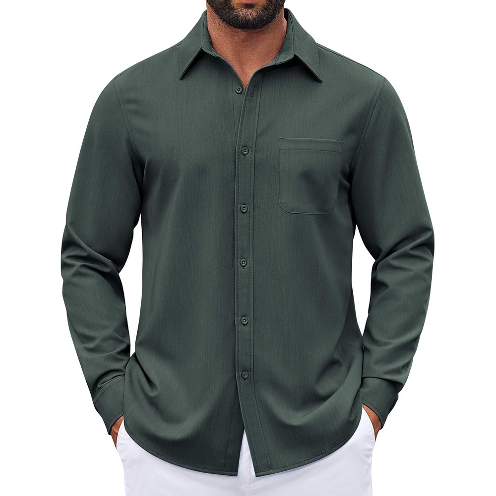 image:imageCOOFANDY Mens Dress Shirts Untucked Long Sleeve Button Down Denim Shirt Stretch Business Casual ShirtsDeep Green