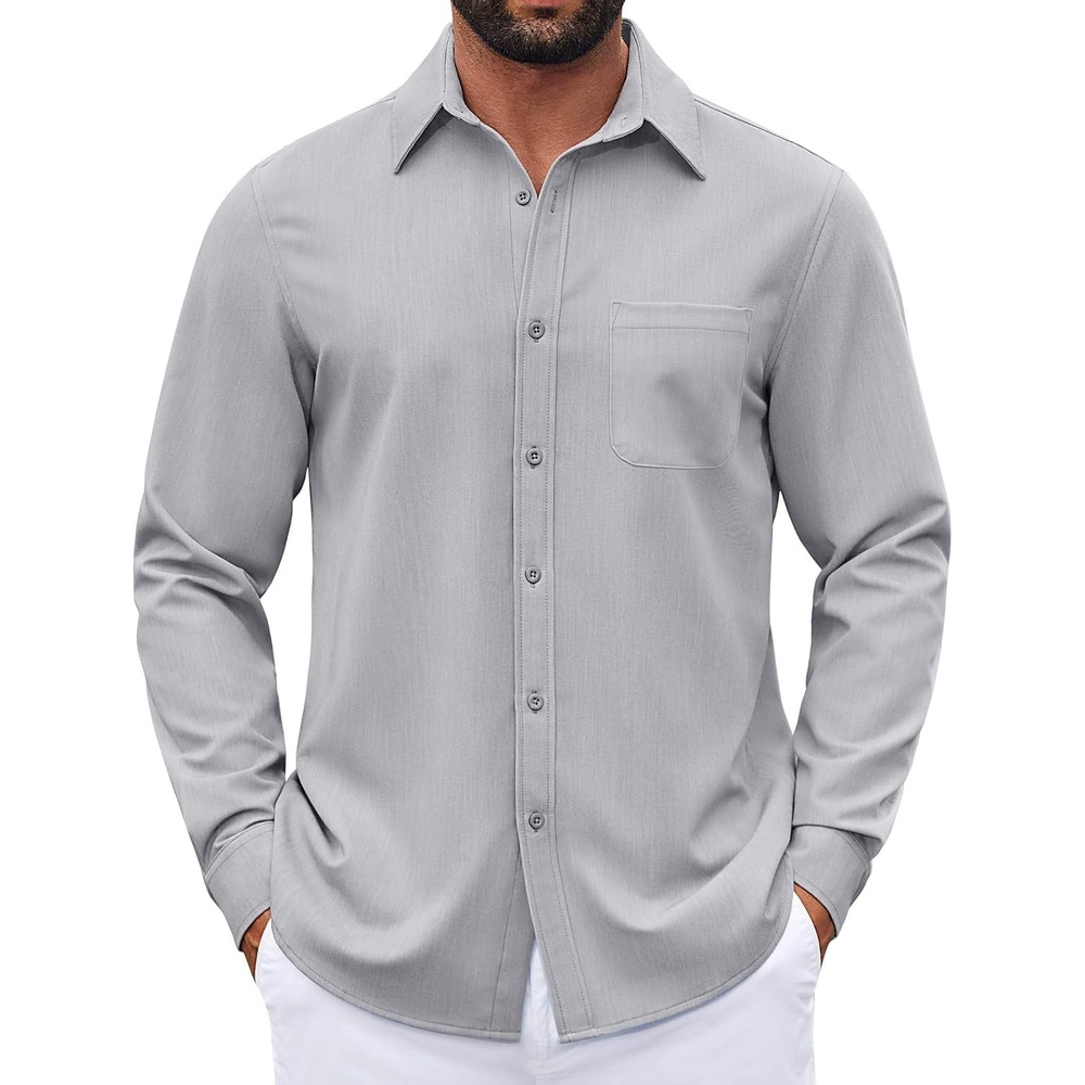 image:imageCOOFANDY Mens Dress Shirts Untucked Long Sleeve Button Down Denim Shirt Stretch Business Casual ShirtsLight Grey