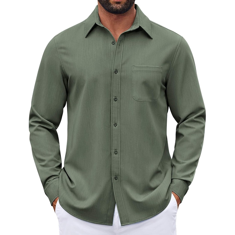 image:imageCOOFANDY Mens Dress Shirts Untucked Long Sleeve Button Down Denim Shirt Stretch Business Casual ShirtsOlive Green